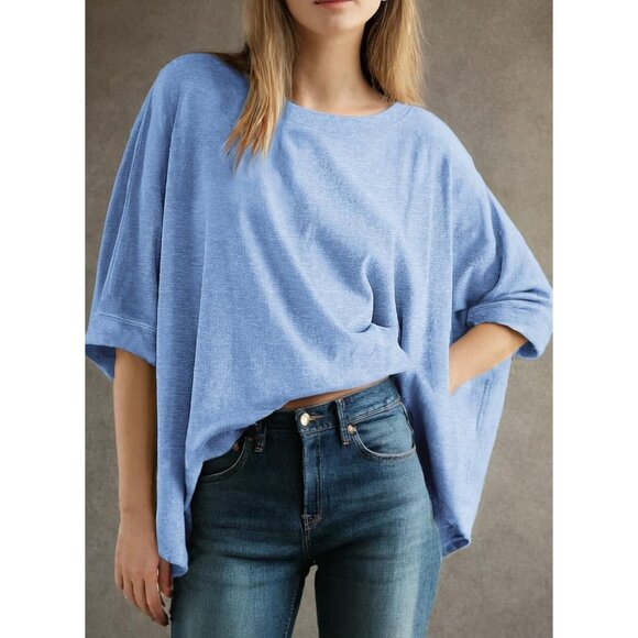 🆕 Women Blue Dolman Sleeve Tops Loose Oversized Crewneck Flowy T Shirts Basic - Picture 2 of 5